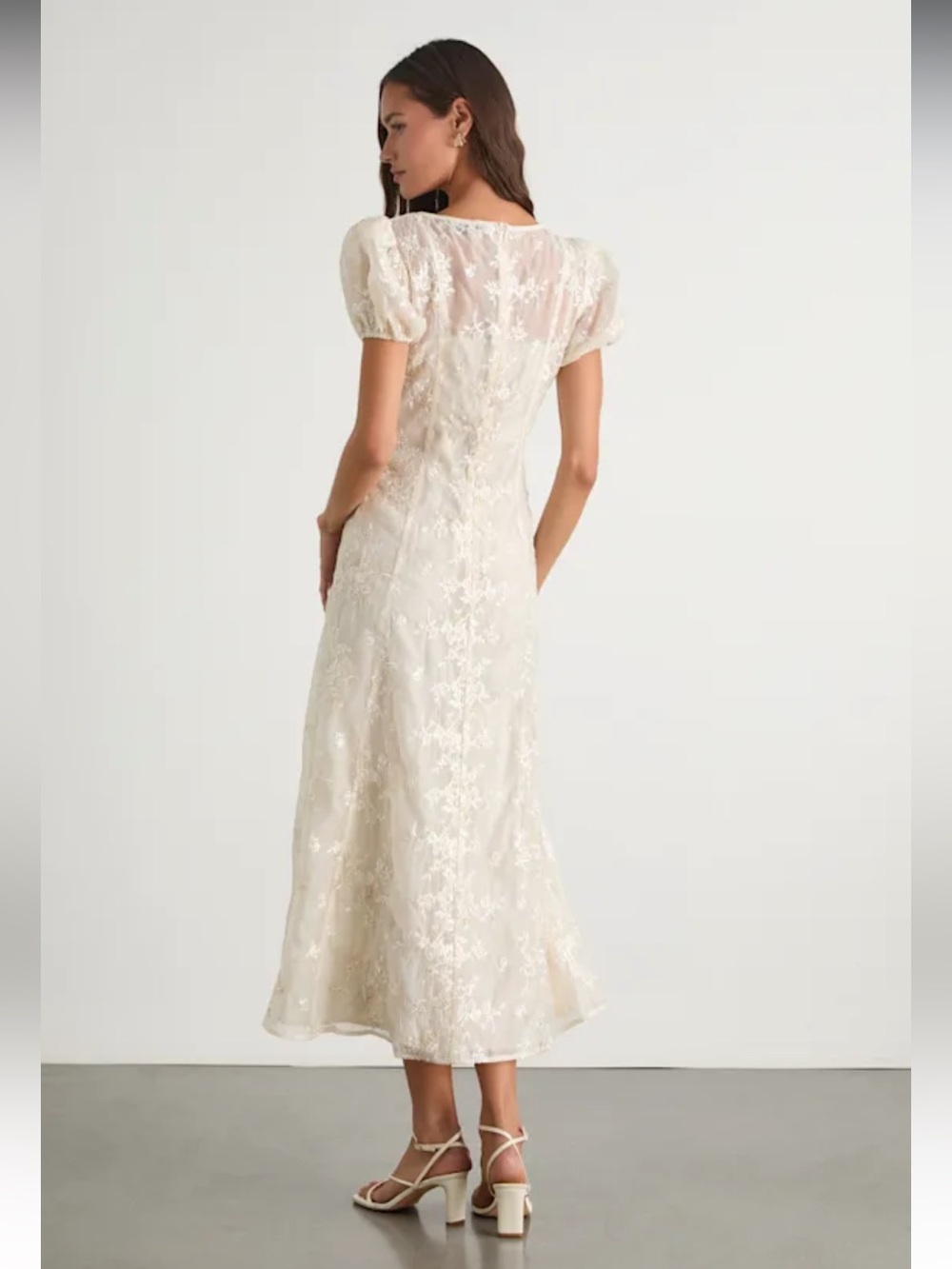 Lulus Elfrieda Cream Floral Embroidered Puff Sleeve Midi Dress Size Medium - Picture 9 of 9